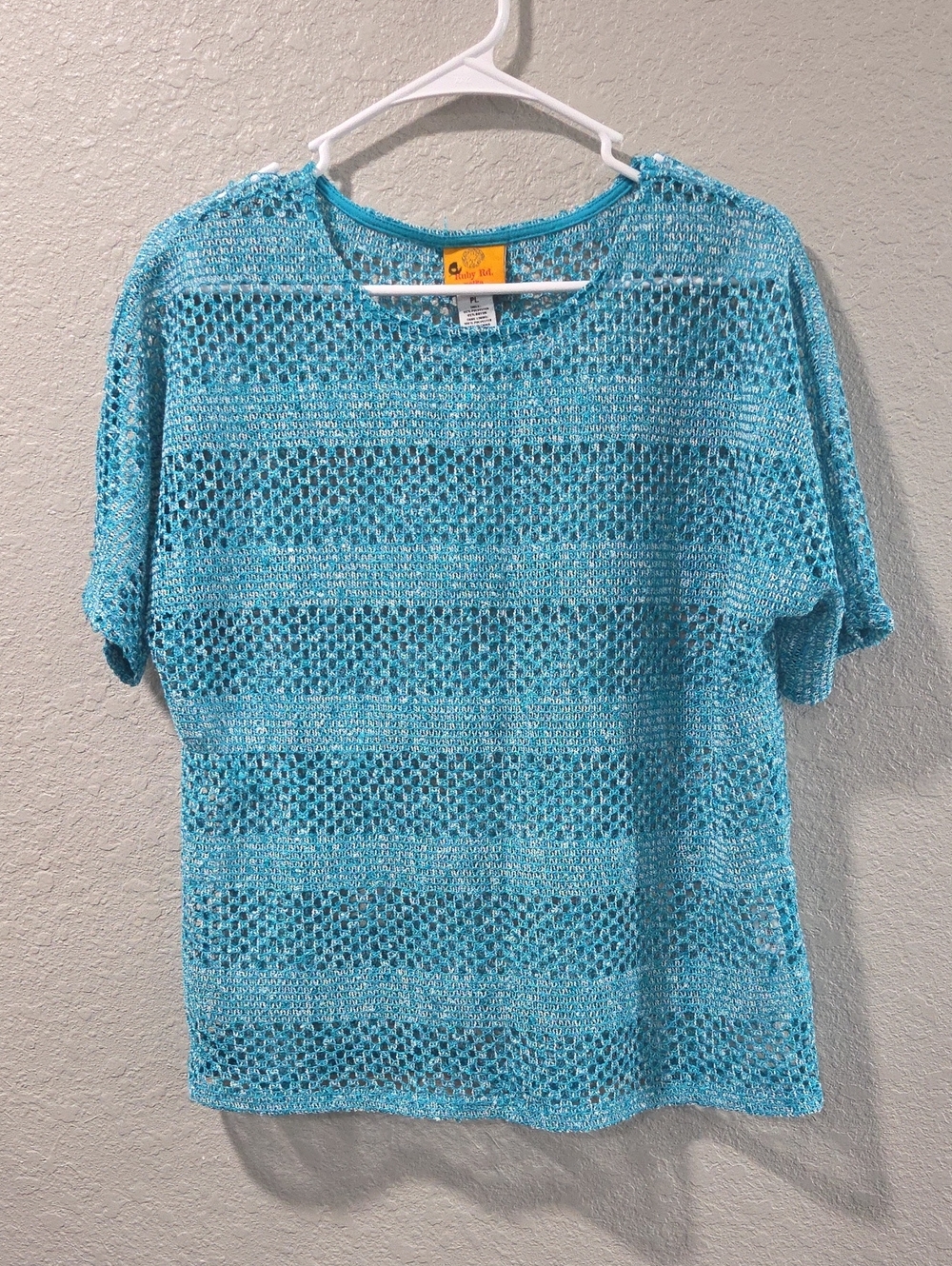 Ruby Rd. Turquoise Open Knit Shimmery Short Sleeve Top